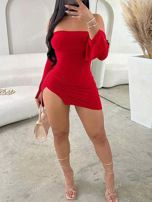 Women's Elegant Strapless Thigh-Slit Mini Dress For A Romantic Dance Party christmas dress velvet dress