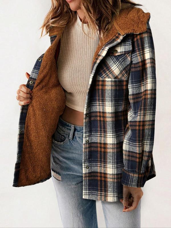 Women's Plaid Print Button Front Thermal Lined Hooded Jacket, Casual Long Sleeve Pocket Outerwear for Fall & Winter, Women's Clothes for Daily Wear