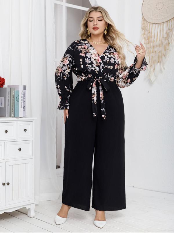  Floral Print Belted Wrap Flounce Sleeve Jumpsuit, Casual V Neck Long Sleeve Wide Leg Jumpsuit for Fall & Winter, Women's Clothes for Daily Wear