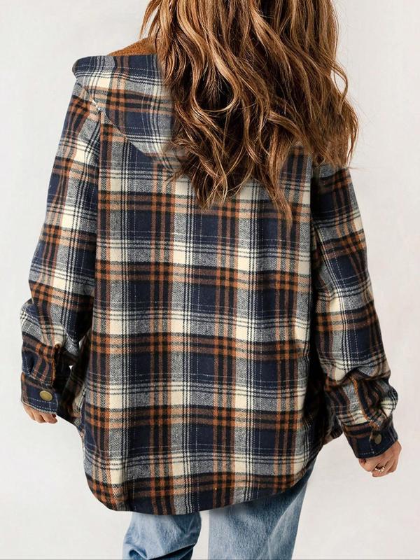 Women's Plaid Print Button Front Thermal Lined Hooded Jacket, Casual Long Sleeve Pocket Outerwear for Fall & Winter, Women's Clothes for Daily Wear