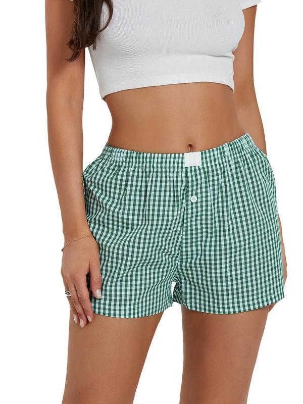 Women's Plaid Print Patched DecorButton FrontElastic Waist Shorts,Casual Comfy Straight LegShorts forSummer, Ladies Back ToSchoolBottoms for Daily Wear, Shortsfor Women,Downtown Girl ClothesPreppy 80s Clothes