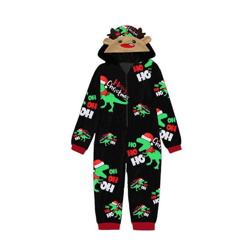 Christmas Family Matching Jumpsuit, Long Sleeve Hooded Dinosaur Print Zipper Closure Loungewear