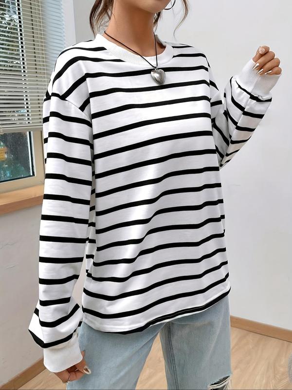 Women's Striped Print Drop Shoulder Pullover, Casual Long Sleeve Crew Neck Sweatshirt for Fall & Winter, Fashion Women's Top for Daily Wear