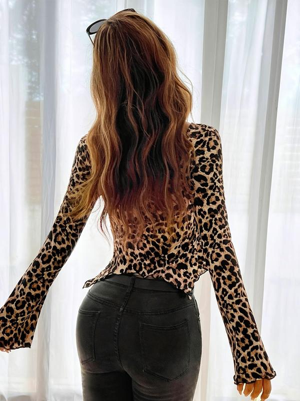 Women's Leopard-Print Tie Front Crop Top, 1 Count Fashion Casual Square Neck Long Sleeve Top for Daily Outdoor Wear, Ladies Clothes for All Seasons