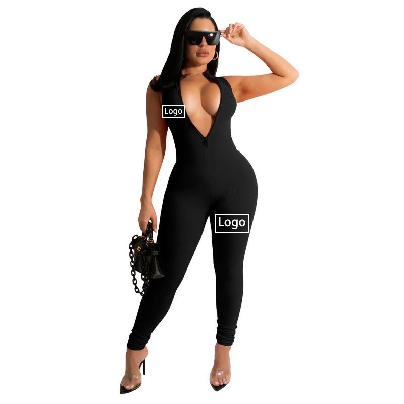 W86007 fashion casual sleeveless solid zipper women jumpsuits