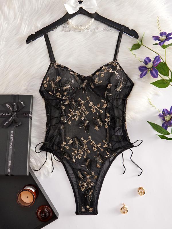 Women's Floral & Butterfly Embroidery Lace Up Sheer Sexy Bodysuit, Summer Wear, Adjustable Strap Backless Sleeveless Bodysuit for Summer, Fashion Women's Clothes for Daily Wear, Birthday Gifts