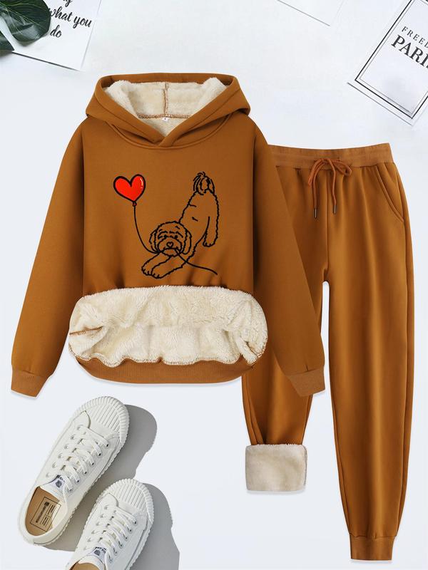 Women's Heart & Dog Print Hoodie & Drawstring Waist Sweatpants Thermal Lined Set, Casual Long Sleeve Hooded Sweatshirt & Pocket Jogger Pants, Women's Fall & Winter Clothes