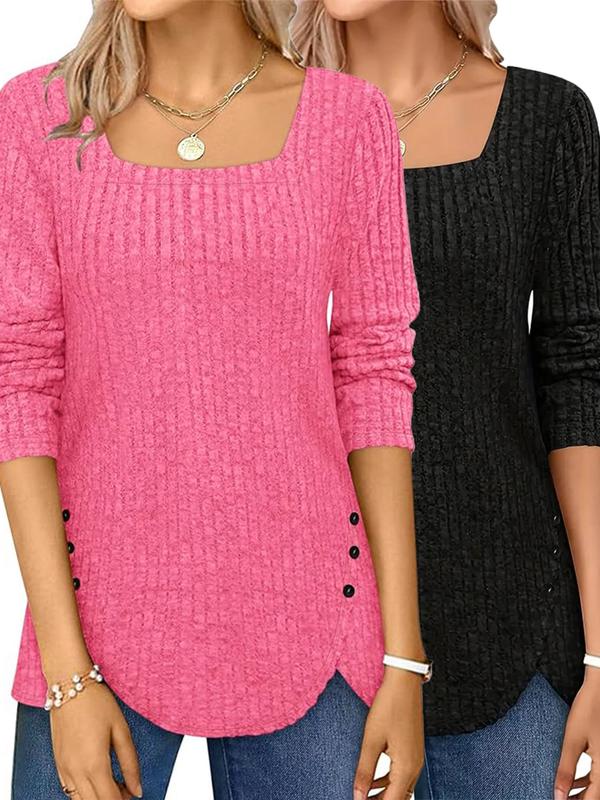 Women's Plain Button Front Ribbed Tee, Casual Long Sleeve Square Neck Top for Fall & Winter, Ladies' Knitwear for Daily Wear