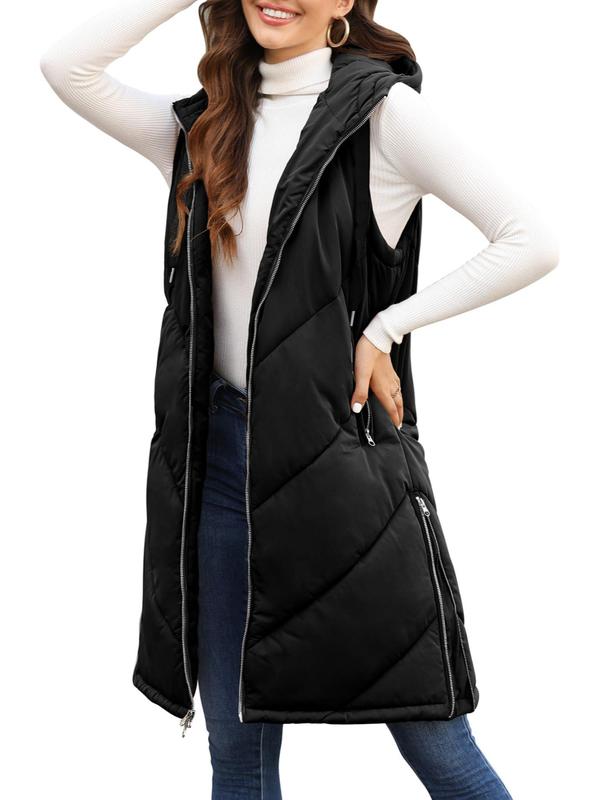 Women's Solid Zip Up Quilted Hooded Vest Coat, Casual Pocket Drawstring Sleeveless Outerwear for Fall & Winter, Women's Clothes for Daily Wear