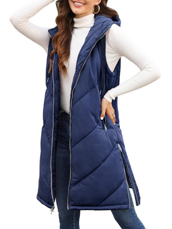 Women's Solid Zip Up Quilted Hooded Vest Coat, Casual Pocket Drawstring Sleeveless Outerwear for Fall & Winter, Women's Clothes for Daily Wear