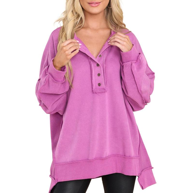 EVALESS Women's Oversized Sweatshirt Casual Long Sleeve Button Henley Neck Basic Pullover Tunic Tops Outfits 2024 Fall Clothing Womenswear Sweaters