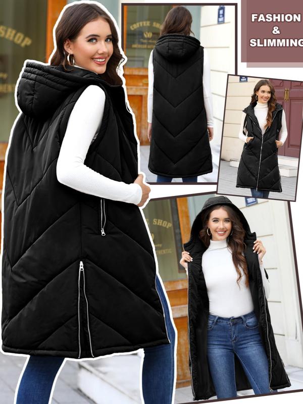 Women's Solid Zip Up Quilted Hooded Vest Coat, Casual Pocket Drawstring Sleeveless Outerwear for Fall & Winter, Women's Clothes for Daily Wear