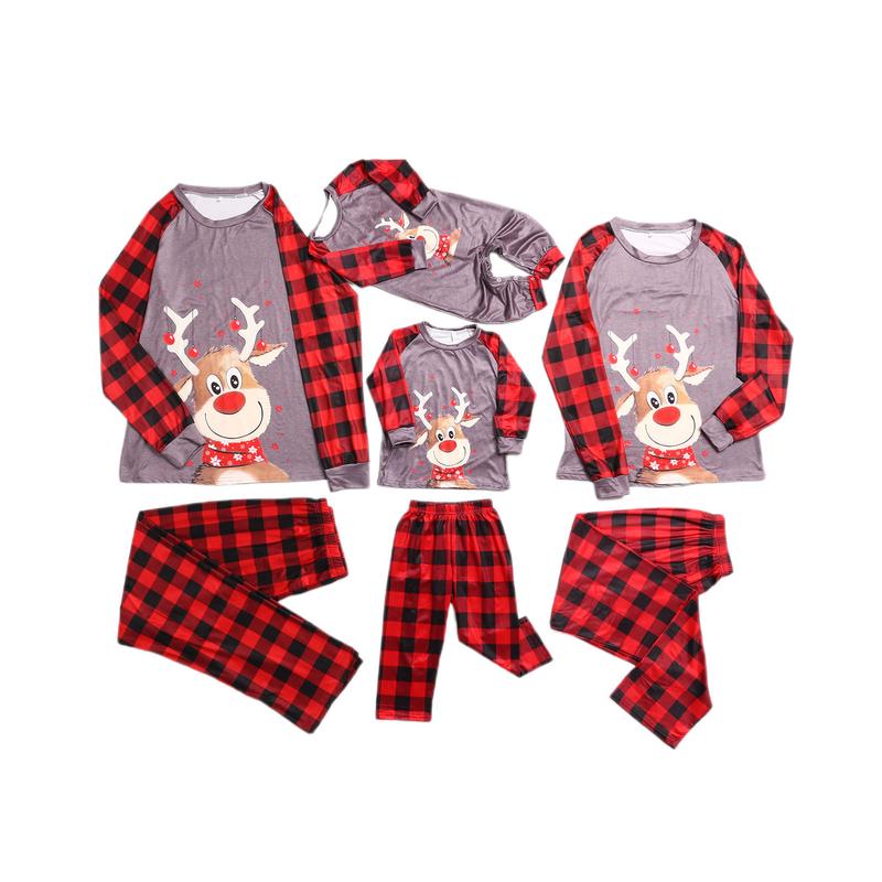 Classic Christmas Costume Family Matching Deer Plaid Print Pajamas Sets Round Neck Parent-child Clothing Xmas Pj's Clothes Homewear Sleepwear Loungewear Cotton Womenswear