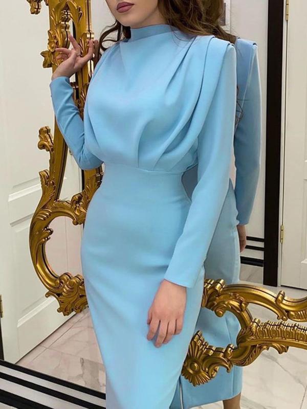 Women's Plain Ruched Stand Collar Dress, Elegant Long Sleeve Long Dress for Party Holiday Wedding Guest, Ladies Fall & Winter Clothes