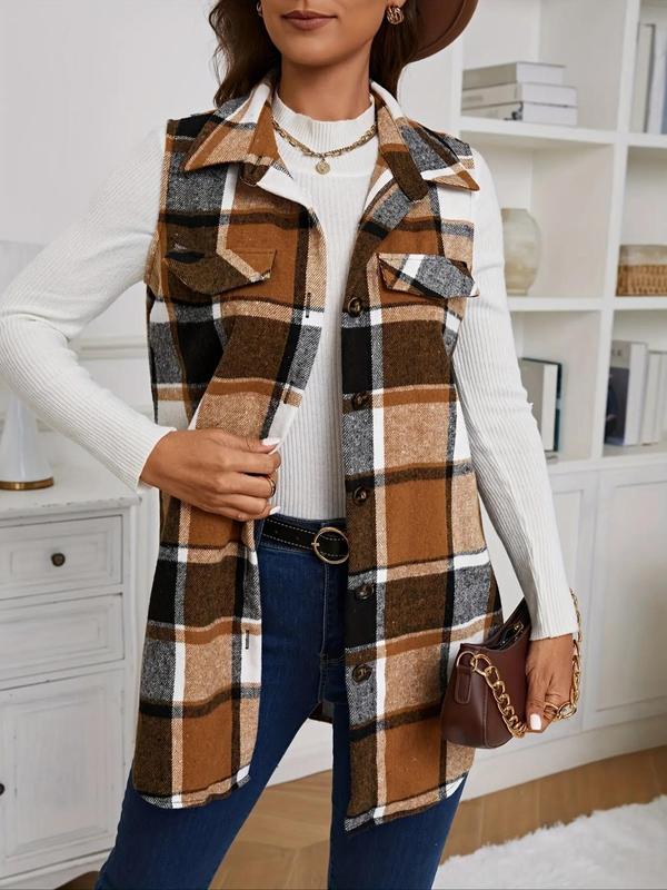 Women's Plaid Print Button Front Vest Coat, Casual Asymmetrical Hem Sleeveless Collared Outerwear for Spring & Fall, Ladies Clothes for Daily Wear