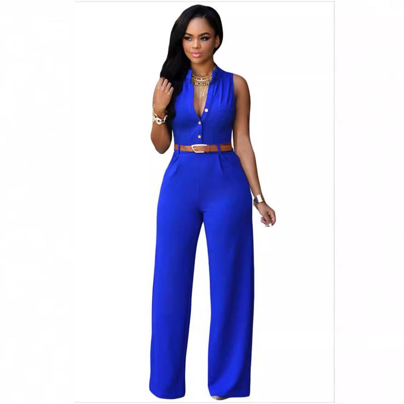 Single-breasted high-waisted hip lift wide-leg sexy stand-up collar women's jumpsuit with belt