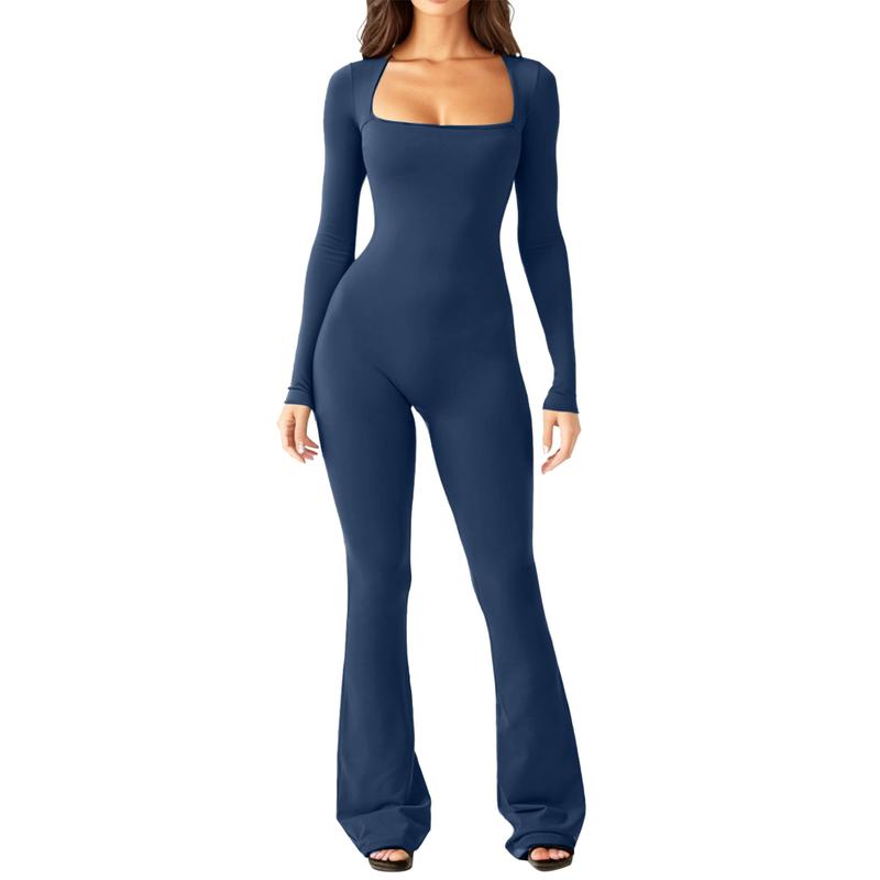 Women's Long Sleeve Belly Tie Waist Hip Lift Square Neck Wide Leg High Elastic Jumpsuit