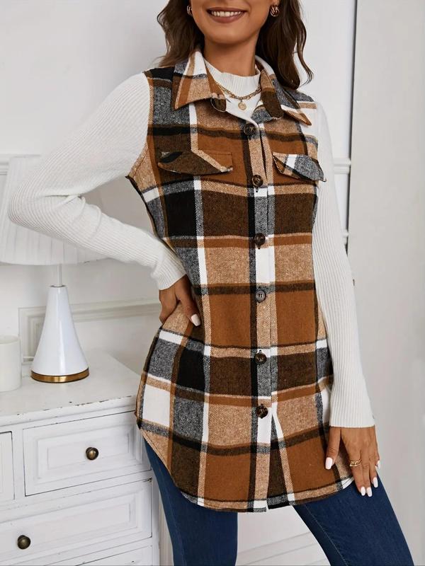 Women's Plaid Print Button Front Vest Coat, Casual Asymmetrical Hem Sleeveless Collared Outerwear for Spring & Fall, Ladies Clothes for Daily Wear