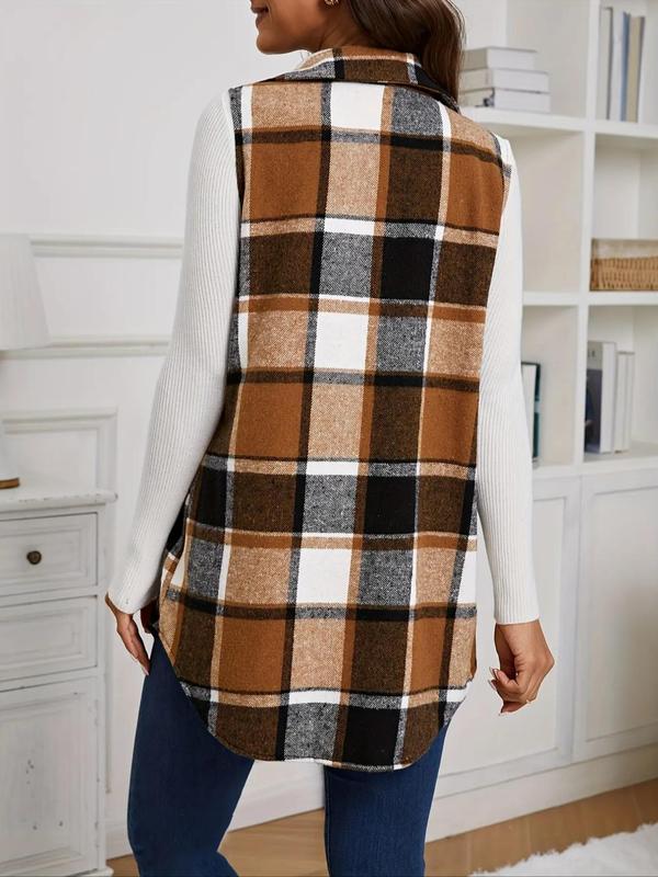 Women's Plaid Print Button Front Vest Coat, Casual Asymmetrical Hem Sleeveless Collared Outerwear for Spring & Fall, Ladies Clothes for Daily Wear