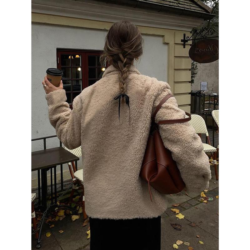 Women's 2024 Winter New Fashion Zipper Cardigan Lapel Plush Casual Sweatshirt Coat