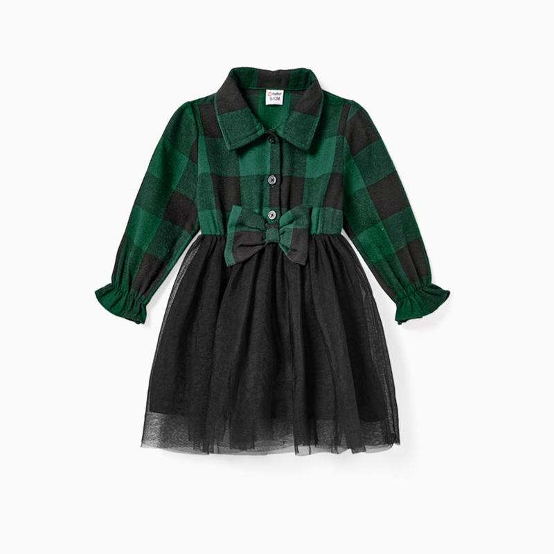 PatPat Family Matching Sets Green Plaid Long Sleeves Shirt or Tulle Mesh Dress