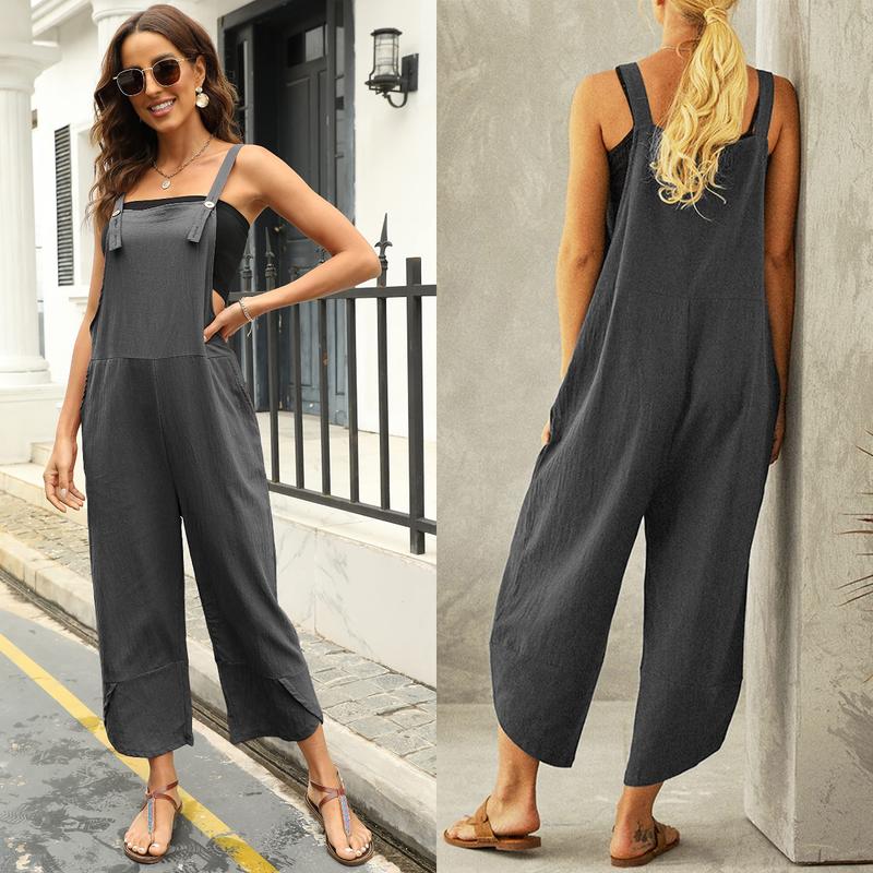 Tanming Womens Cotton Adjustable Casual Summer Bib Overalls Jumpsuits with Pockets