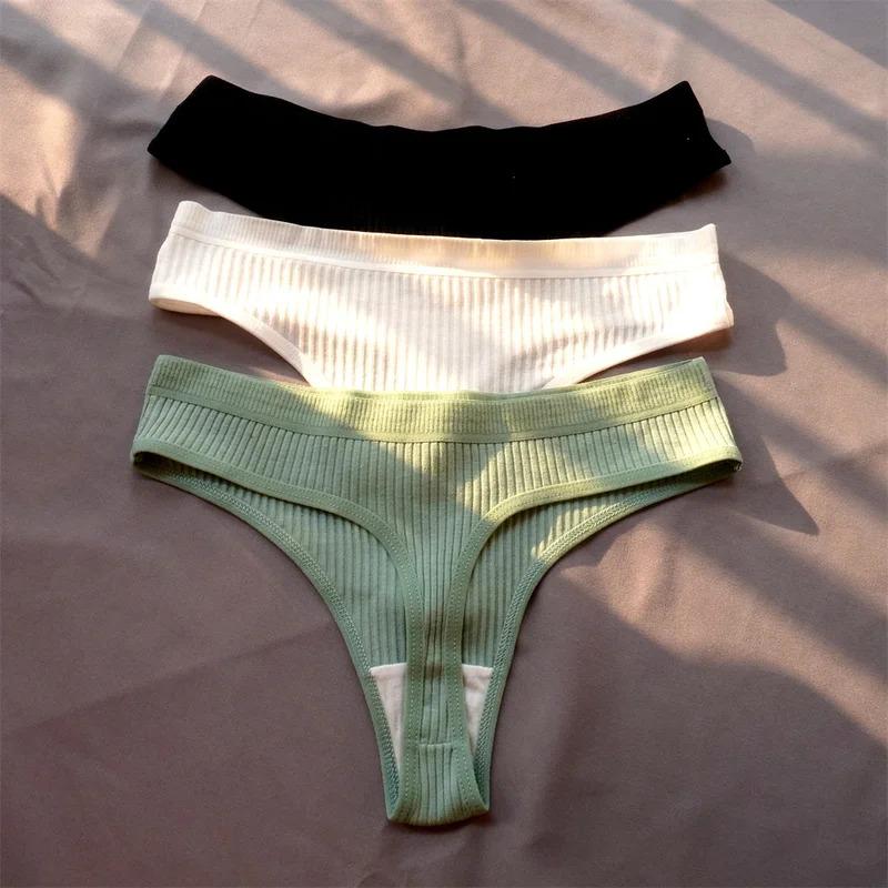 3 Pcs Seamless Ladies Ribbed Cotton Thong Simple Women's Low Waist Bikini Briefs Sports Girls Underwear Plus Size