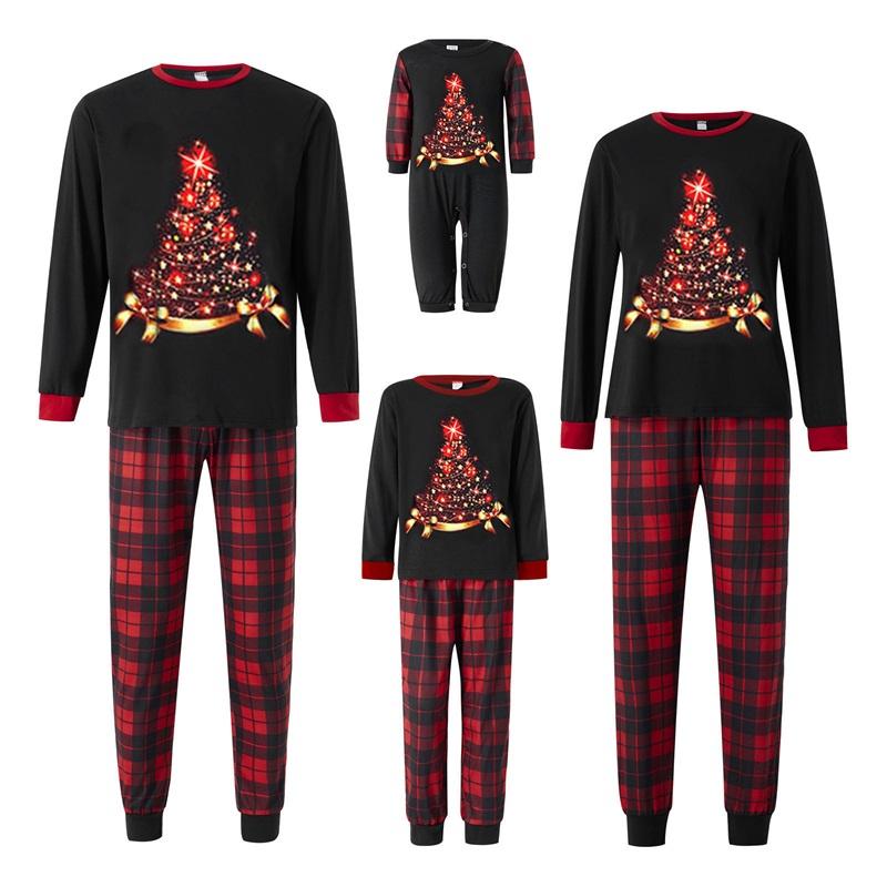 Hot Christmas Family Pajamas Matching Set Elk Print Long Sleeve Tops and Stretch Plaid Pants Sleepwear Soft Nightwear