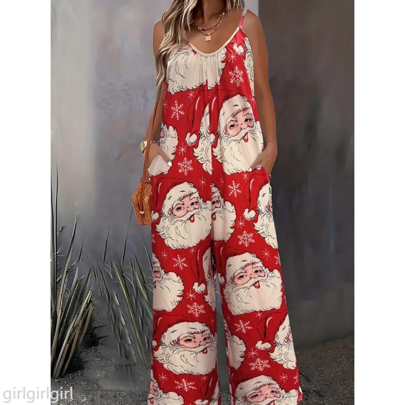 girlgirlgirl Women's Festive Christmas Santa & Snowflake Print Jumpsuit with Pockets - Casual Sleeveless Wide-Leg Romper, Machine Washable