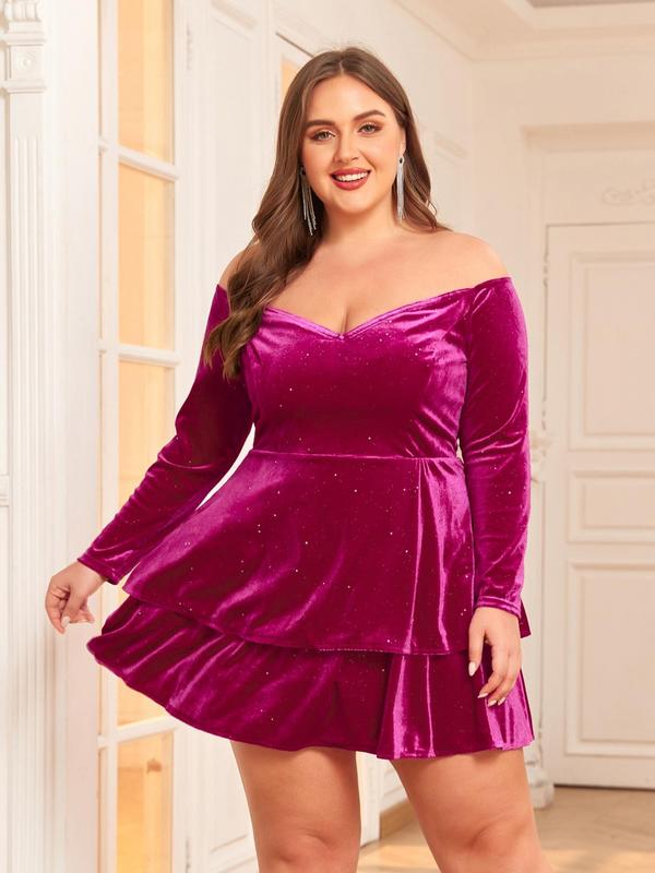  Off The Shoulder Contrast Sequin Velvet Party Dress, Elegant Ruffle Hem Backless Tiered Layer Dress for Party Evening Formal Occasions, Women's Clothes for Summer