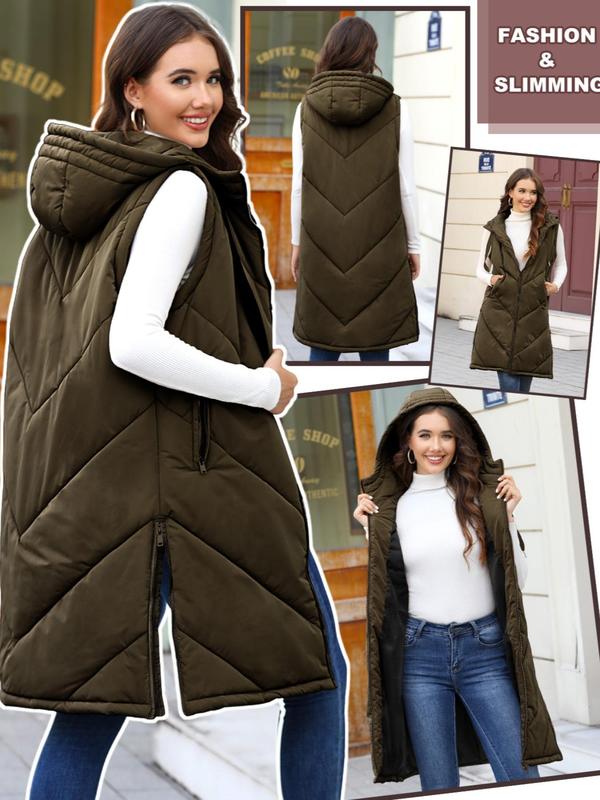 Women's Solid Zip Up Quilted Hooded Vest Coat, Casual Pocket Drawstring Sleeveless Outerwear for Fall & Winter, Women's Clothes for Daily Wear