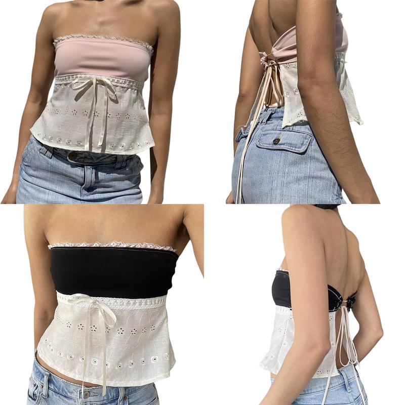 Women Tube Top, Strapless Backless Lacing Hollowed Patchwork Summer Ladies Vest for Club Party