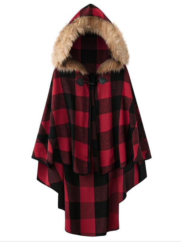  Plaid Print Contrast Faux Fur High Low Cape Coat, Casual Cloak Long Sleeve Outerwear for Fall & Winter, Women's Clothes for Daily Wear