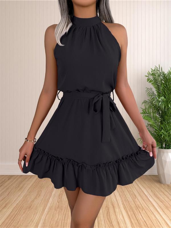 Women's Plain Cut Out Belted Ruched Frill Trim Halter Dress, Casual Ruffle Hem Sleeveless A Line Dress for Summer, Fashion Women's Clothes for Daily Wear