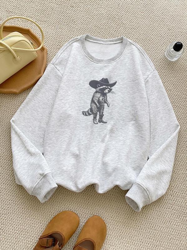 Women's Raccoon Print Drop Shoulder Sweatshirt, Casual Long Sleeve Round Neck Pullover for Fall & Winter, Women's Clothes for Daily Wear