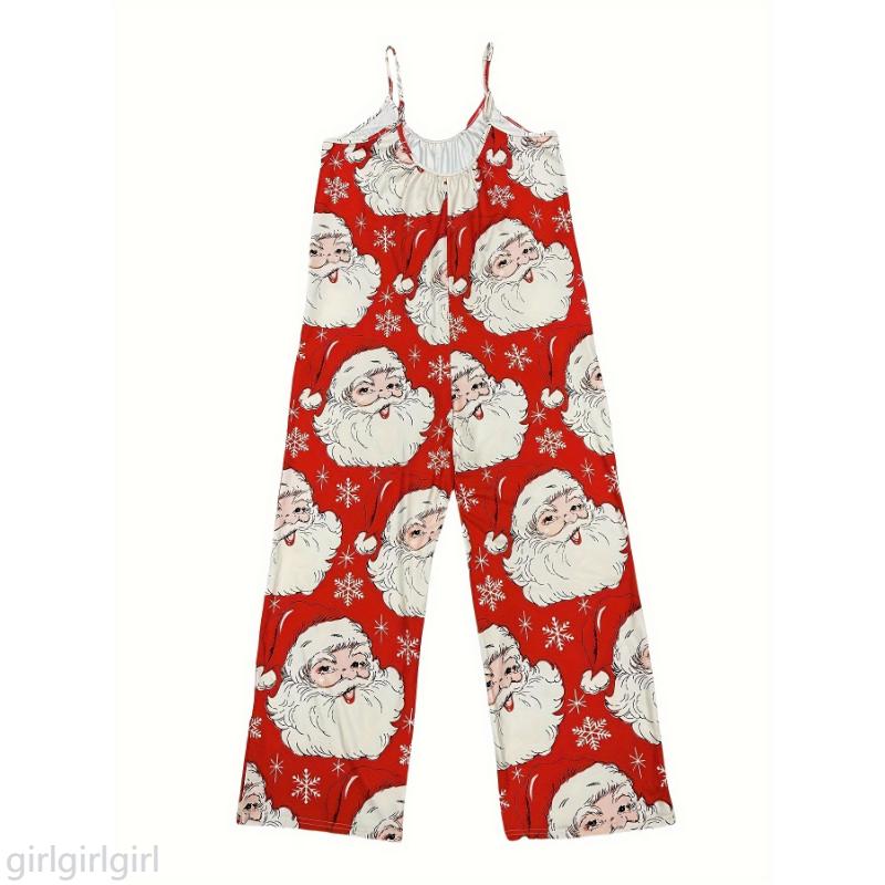 girlgirlgirl Women's Festive Christmas Santa & Snowflake Print Jumpsuit with Pockets - Casual Sleeveless Wide-Leg Romper, Machine Washable