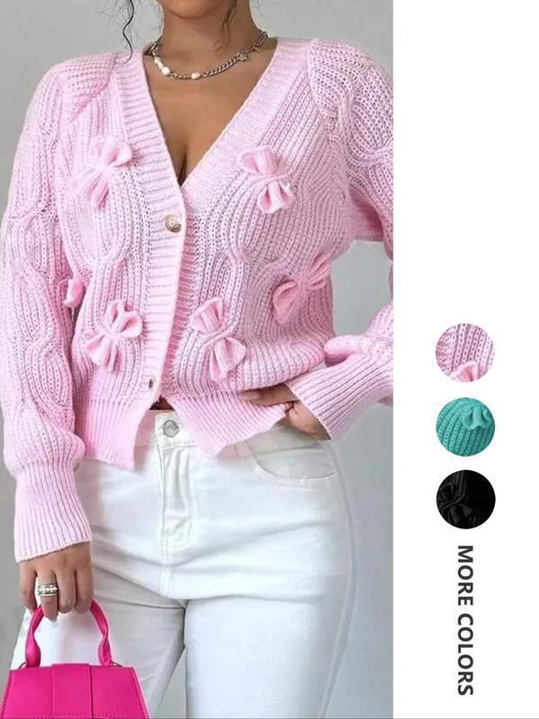 Women's Plain Bow Decor Button Front Cardigan, Elegant Raglan Sleeve Cardigan Sweater for Fall & Winter, Fashion Women's Knitwear for Daily Wear