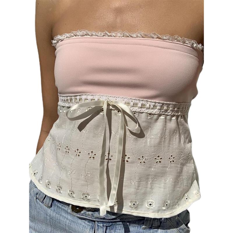 Women Tube Top, Strapless Backless Lacing Hollowed Patchwork Summer Ladies Vest for Club Party