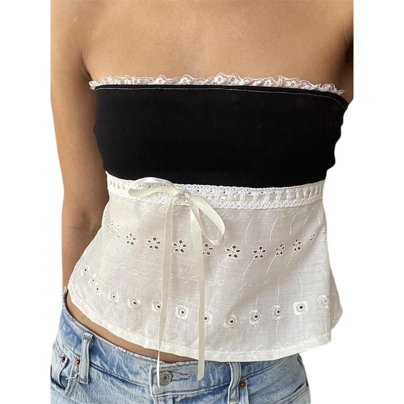 Women Tube Top, Strapless Backless Lacing Hollowed Patchwork Summer Ladies Vest for Club Party