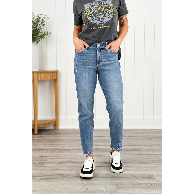 Judy Blue Casual Comfort High Rise Medium Wash Distressed Slim Leg Jeans With Back Dart Hem