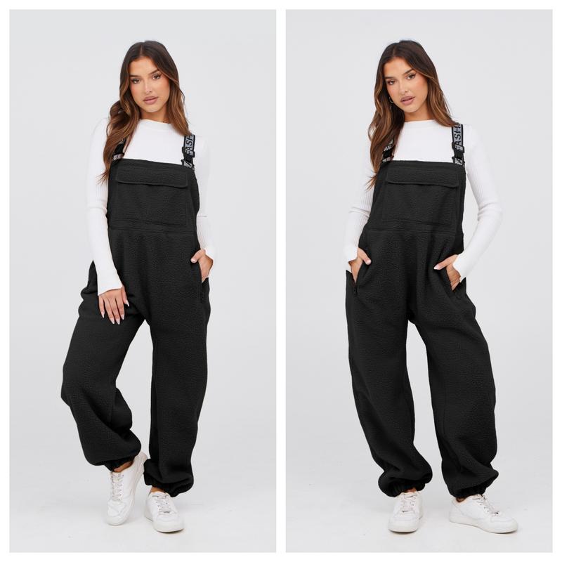 Tanming Womens Fleece Overalls 2024 Warm Winter Casual Loose Jumpsuits Sherpa Bib Overalls Fuzzy Ski Pants with Pockets