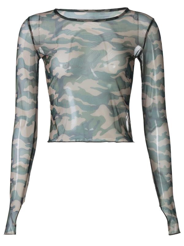 Women's Camo Print Sheer Tulle Tee, Casual Long Sleeve Round Neck T-shirt for Spring & Fall, Women's Top for Daily Wear