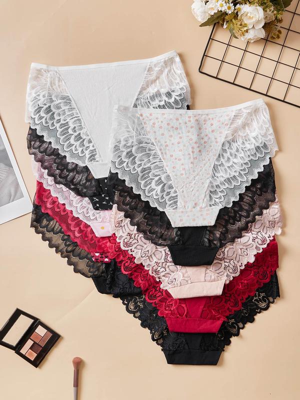 Plus Size Contrast Lace Knicker, Women's Elegant Comfy Breathable Panty Set, Fashion Ladies' Underwear for All Seasons