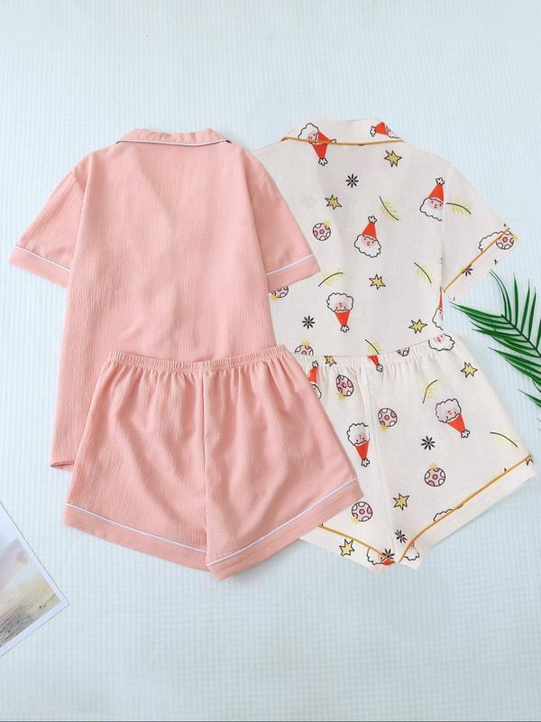 Women's Christmas Themed Pajama Set, Cute Heart  all Over Print Short Sleeve Lapel Neck Pocket Shirt & Elastic Waist Shorts Pj Set, Stylish Loungewear Women, Women's Sleepwear for All Seasons