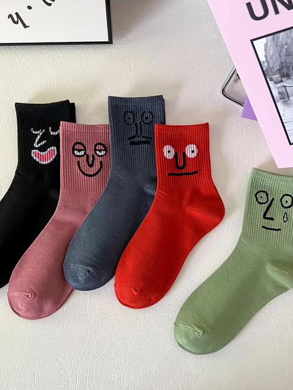 Women's 10 Pairs Cartoon Face Print Crew Socks, Cute Creative Comfortable Breathable Mid-calf Socks for Daily Wear, Women Socks for All Seasons