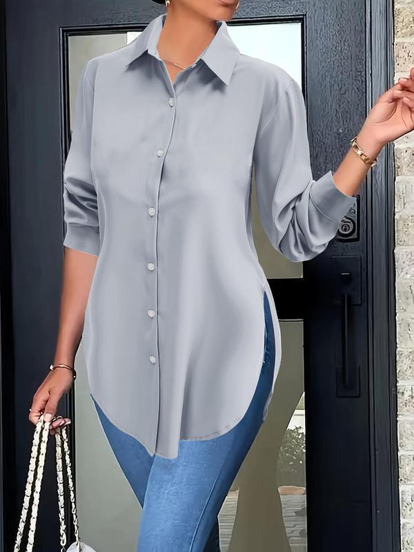 Women's Plain Button Front Split Side Shirt, Casual Long Sleeve Collared Top for Fall, Ladies Clothes for Daily Wear, Fall Outfits, Fallfreshness, Hourglass Body in Baggy Clothes