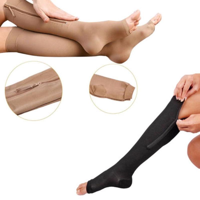 Unisex Zipper Anti-fatigue Compression Stockings Nylon Leg Support Stretch Pressure Long Socks Knee High Open Toe Socks