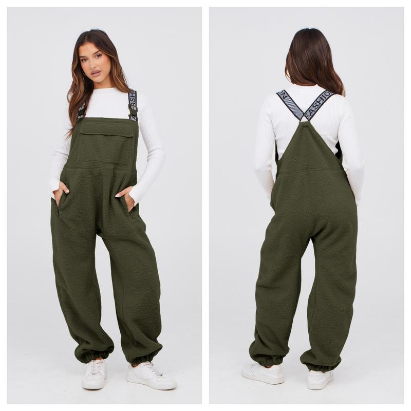 Tanming Womens Fleece Overalls 2024 Warm Winter Casual Loose Jumpsuits Sherpa Bib Overalls Fuzzy Ski Pants with Pockets