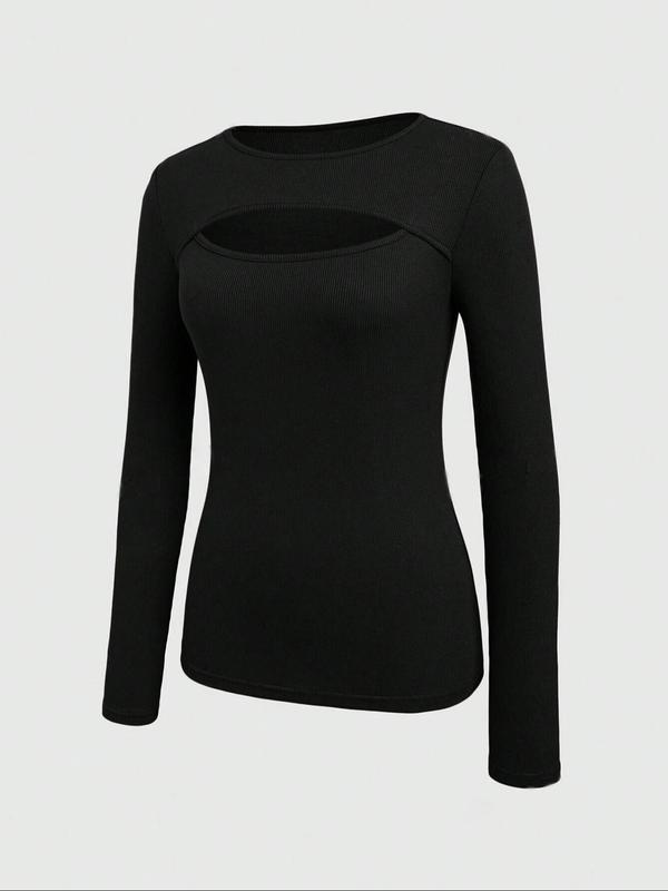 Women's Plain Cut Out Round Neck Tee, Casual Long Sleeve Crew Neck Top for Fall & Winter, Women's Clothing for Daily Wear