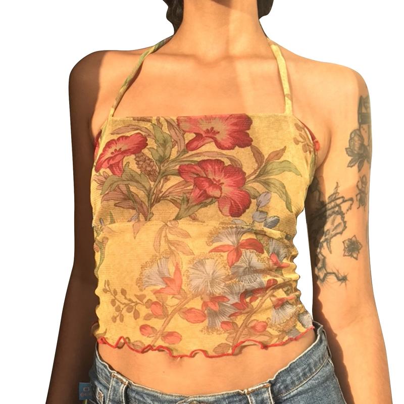 Ladies Summer Sexy Midriff-baring Camisole, Floral Printing Stringy Selvedge Hem Hanging Neck Sleeveless Mesh Tops